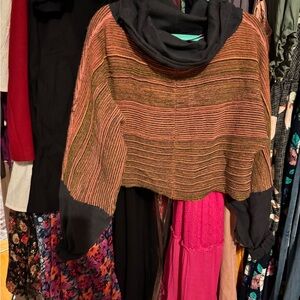 Red and Black Cowl Neck Sweater with Textured Ribbed Design